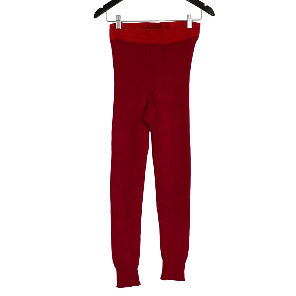 Vintage Women‎ Red Ribbed Wool Knit Leggings High Waisted Winter Base Layer